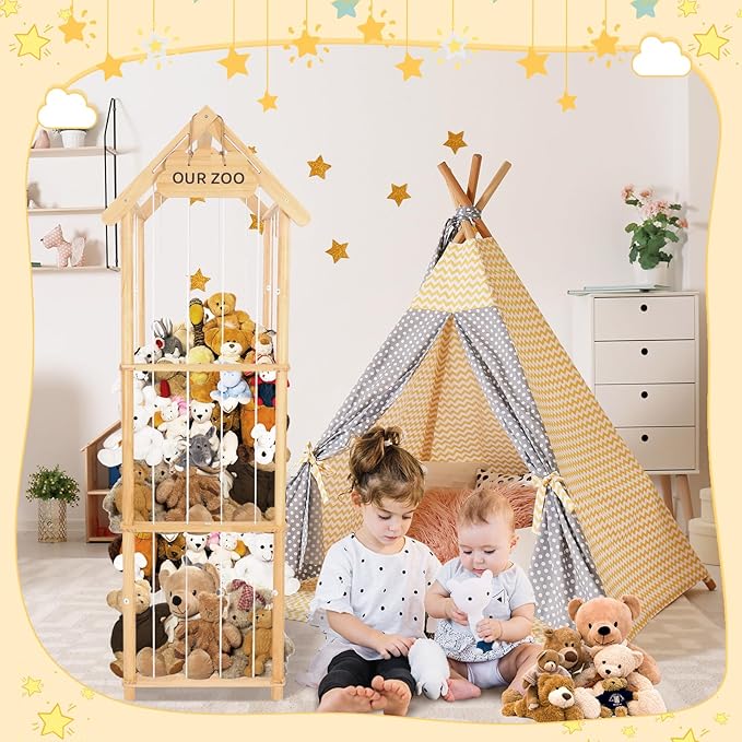 HOMIEE Stuffed Animal Storage Organizer, Wood Stuffed Animal Zoo Toy Holder for Kids Playrooms, Bedrooms, Nursery Room