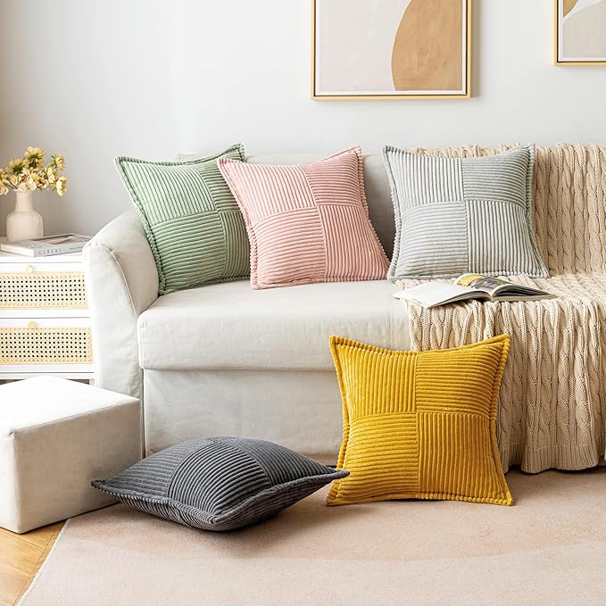 MIULEE Decorative Throw Pillow Covers for Couch Bed Livingroom 18x18 Inch Set of 2 Fall Mustard Yellow Boho Accent Throw Pllows Broadside Striped Patchwork Soft Corduroy Pillowcases