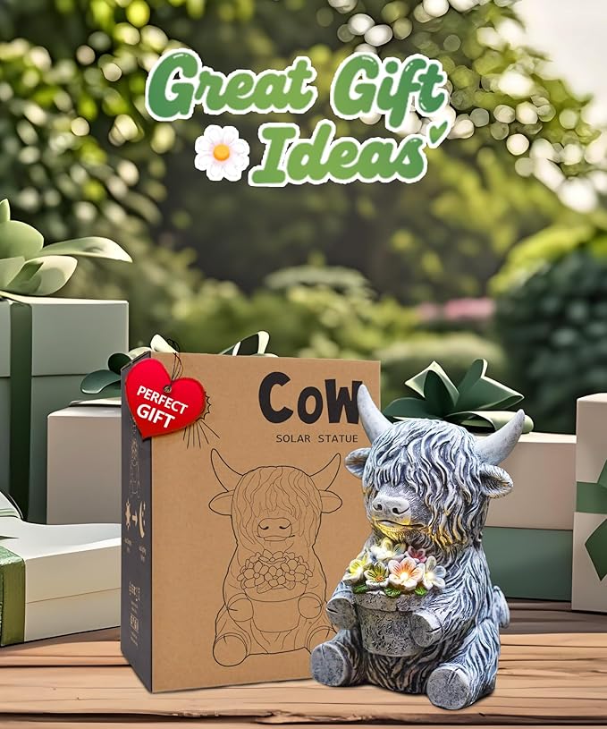 Nacome Solar Garden Highland Cow Holding Succulent Planter with LED Lights Outdoor Decor for Outside Yard Patio Balcony Porch Decorations - Birthday Gifts Mom Grandma Women(Grey)