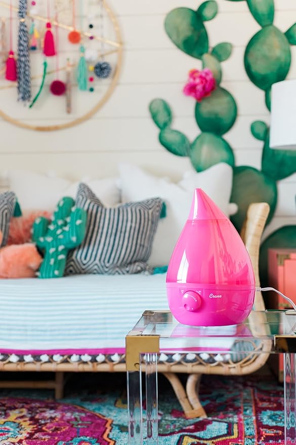 Crane Ultrasonic Humidifiers for Bedroom and Office, 1 Gallon Cool Mist Air Humidifier for Large Room and Home, Humidifier Filters Optional, Pink