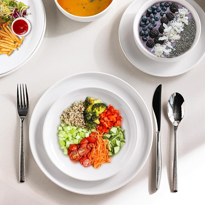 AmorArc Ceramic Dinnerware Sets of 4,Porcelain Plates and Bowls Sets, Scratch Resistant Dishes Set, Dishwasher & Microwave & Oven Safe Dishes Set,White Dishware Service for 4-12 pcs