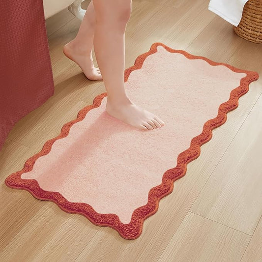 MONDAY MOOSE Bath Mat with Scalloped Wavy Ripple Design, Microfiber Absorbent Non Slip Tufted Rug for Floor, Shower or Kitchen (24x47 inch, Blush)