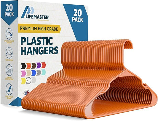 Plastic Clothes Hangers – Heavy Duty Hanger Set, for Organizing Clothes, Dresses, and Coat, Holds Up to 5 lbs, Space-Saving Hangers with Non-Slip Shoulder Grooves, Pack of 20, Orange