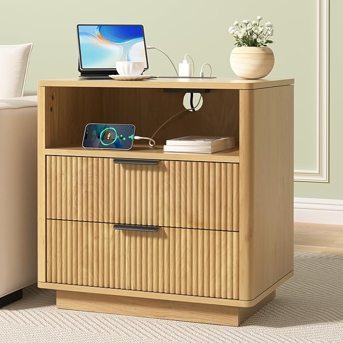 Hommpa 24'' Fluted Nightstand Set of 2 with Charging Station, Modern Bedside Table with Storage, 2 Drawer Beside End Table with Open Shelf, Mid Century Modern Wood Night Stand for Bedroom, Living Room