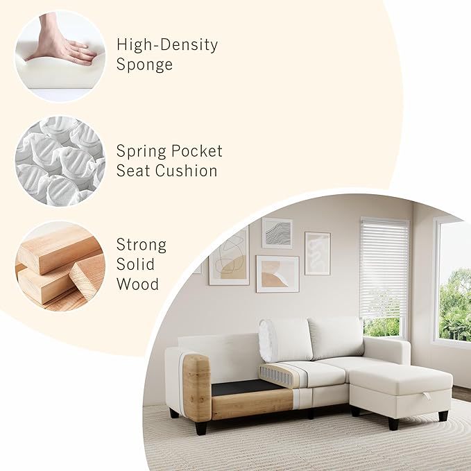 Sectional Sofa Couches for Living Room - Beige 3 Seat L-Shaped Couch with Storage Ottoman, Comfy Fabric Convertible Sectionals Sofas with Chaise for Apartment, Office, Small Space