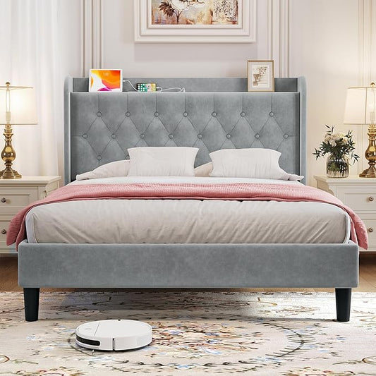 koorlian Full Size Bed Frame, Full Bed Frame with Headboard, Adjustable Velvet Upholstered Bed Frame with Type-C&USB Port, Wingback Storage Headboard, Solid Wood Slats Support, Noiseless, Light Gray