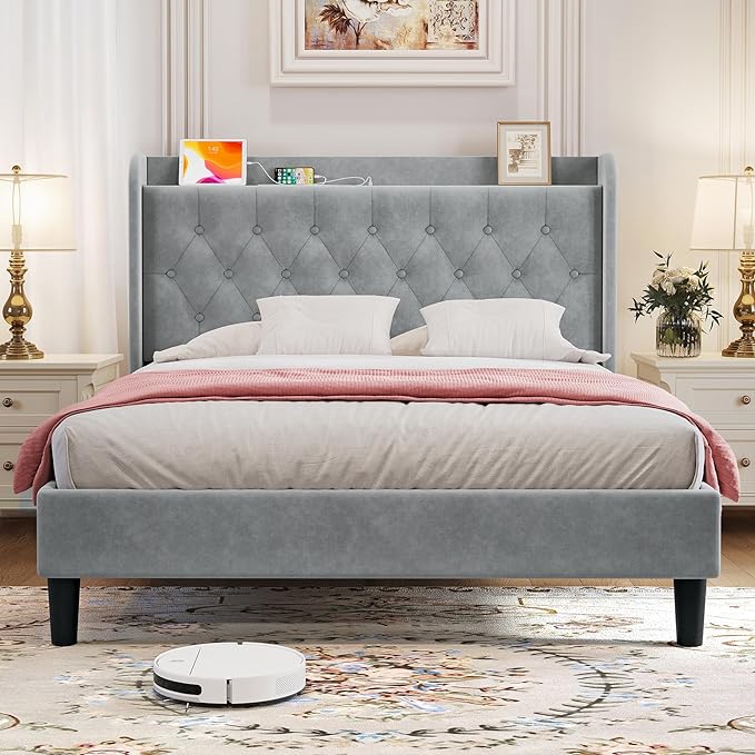 koorlian Queen Bed Frame with Headboard, Adjustable Velvet Upholstered Bed Frame with Type-C&USB Ports, Wingback Storage Headboard, Solid Wood Slats Support, No Box Spring Needed, Light Gray