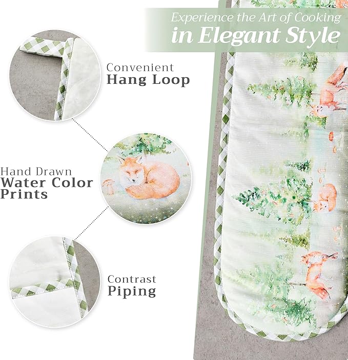 Maison d' Hermine Double Oven Mitt (7" x 35") 100% Cotton Heat Resistant BBQ Cooking Gloves with Loop for Thanksgiving Christmas Decorations Baking Cooking Barbeque Handling Hot Pan (Winter Mornings)