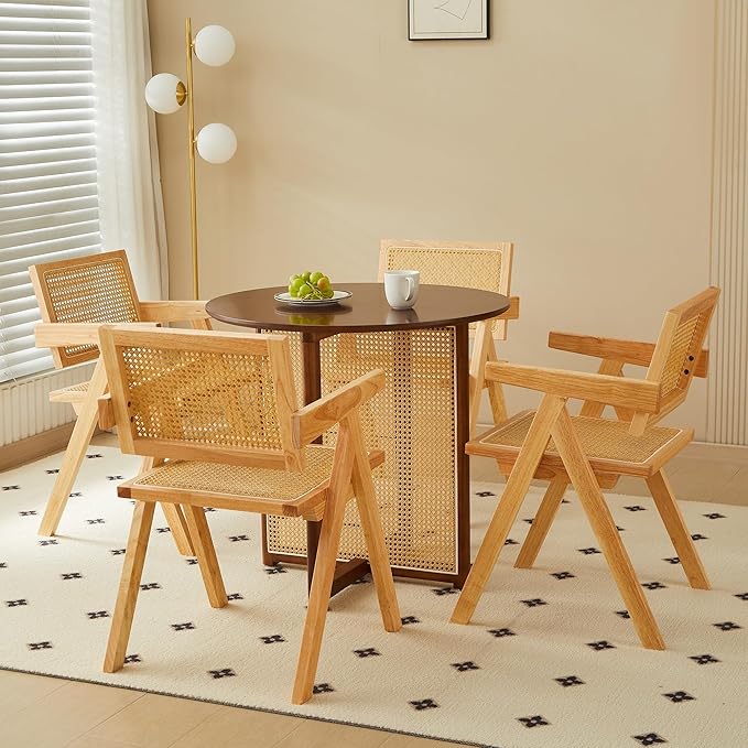 Small Round Coffee Table – 31.5" Solid Wood & Rattan Coffee Table, Modern Rustic Low Accent Table for Living Room, Boho Style, Walnut Height 29"