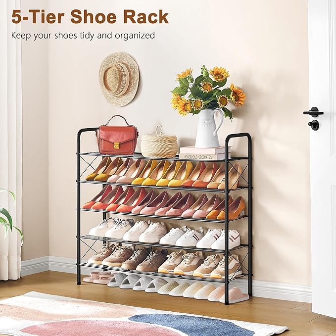 Hoctieon 5 Tier Mesh Style Shoe Rack, Entryway Shoe Shelf, Shoe Storage Organizer, Shoe Rack for Closet, Space Save for Bathroom, Garage, Hallway, Bedroom, Living Room, Black