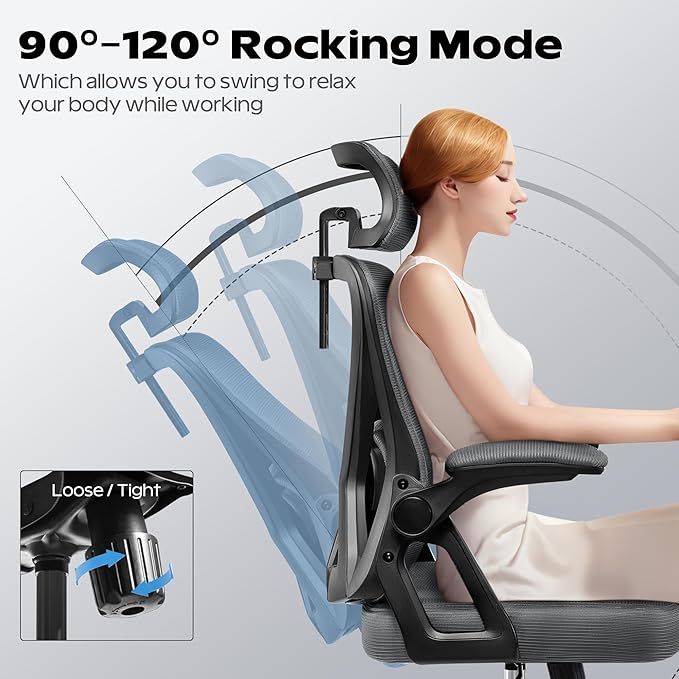 Ergonomic Office Chair, Home Office Desk Chair with Headrest, High Back Mesh Chair with Flip-up Armrests, Comfy Desk Chair with Lumbar Support, Rolling Swivel Task Chair for Office