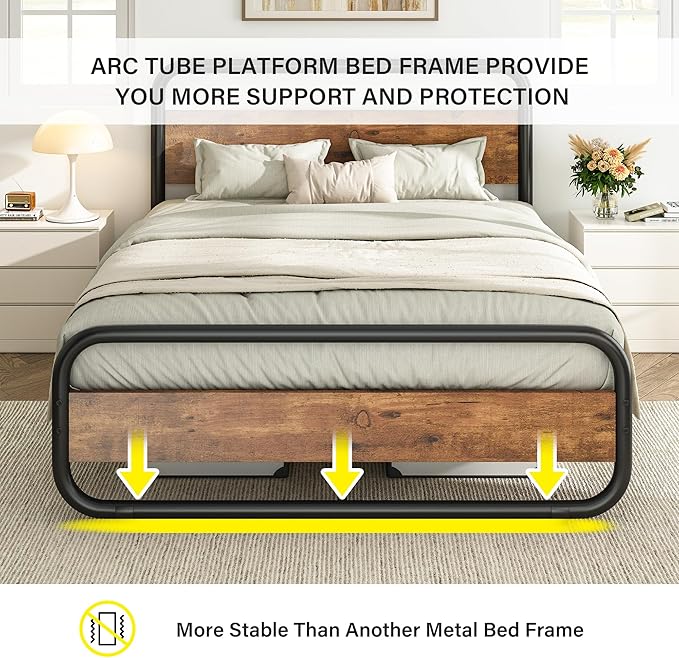 Catrimown Queen Size Bed Frame with LED Lights, Metal Rustic Platform Bed Frame with Wood Headboard and Footboard, Queen Size Platform Bed Frame with Under Bed Storage, Rustic Brown