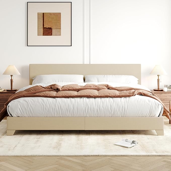 Allewie King Size Bed Frame with Adjustable Headboard, Upholstered Platform Bed with Wood Slats, Heavy Duty Mattress Foundation, No Box Spring Needed, Noise-Free, Easy Assembly, Beige