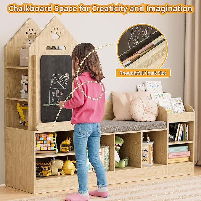 Xilingol Kids Reading Nook with Storage Bench and Chalkboard, Wooden Kids Bookshelf and Toy Storage, Toy Organizer for Boys & Girls, Toddler Reading Nook for Bedroom, Nursery, Playroom, Natural Oak