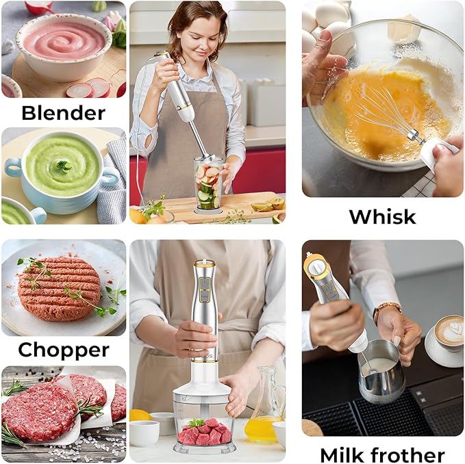 KOIOS Immersion Blender, 1100W 5-in-1 Multi-Purpose Hand Blender, 12-Speed, 600ml Beaker, 500ml Chopper, Egg Whisk, Milk Frother, White