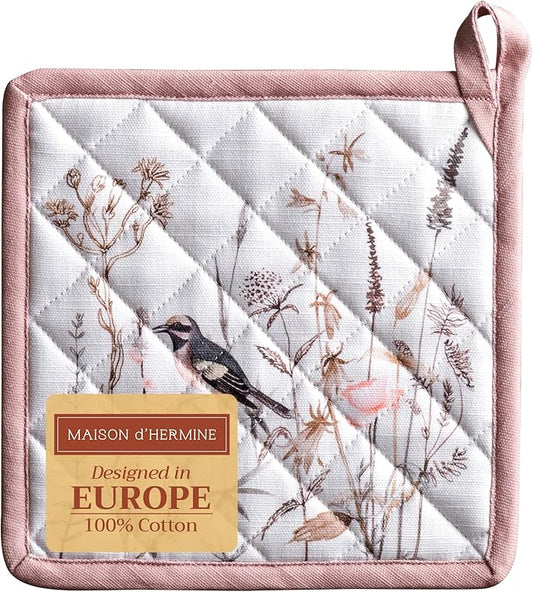 Maison d' Hermine Pot Holders 100% Cotton Heat Resistant Potholders 8" x 8" Hot Pads with Loop BBQ, Cooking, Grilling, Kitchen, Handling Hot Pans Spring/Summer (Pack of 1, Meadow Florals - Brown)