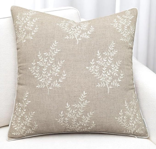 VAGMINE Embroidered Leaves Throw Pillow Cover - 18x18 Inches Square - 100% Linen Natural Decorative Cushion Cover - Artistic Floral Embroidery - Cozy Farmhouse & Boho Accent for Sofa, Couch, Bedroom