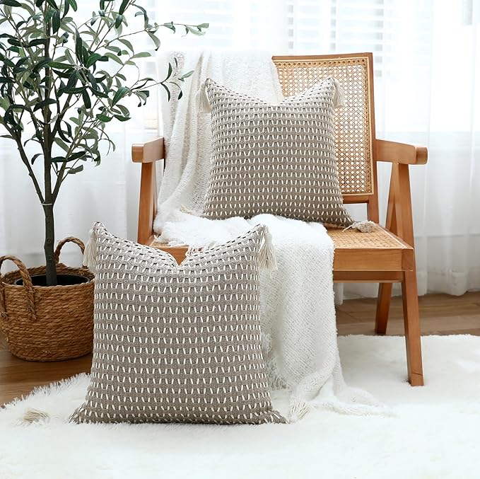 sykting Boho Outdoor Pillow Covers 18x18 Set of 2 Thick Woven Neutral Brown Throw Pillow Covers with Tassels for Couch Sofa Living Room