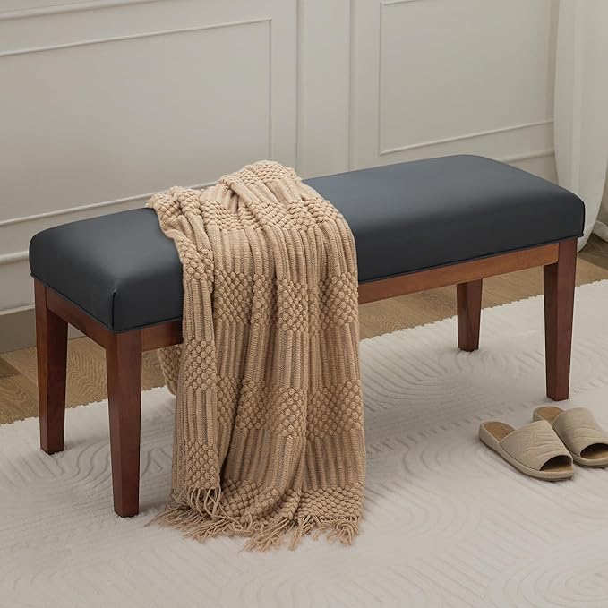 43.5'' Faux Leather Bedroom Bench, Upholstered End of Bed Bench, Padded Vintage Dining Bench, Entryway Bench with Solid Wood Legs, Kitchen, Living Room, Hallway, Black
