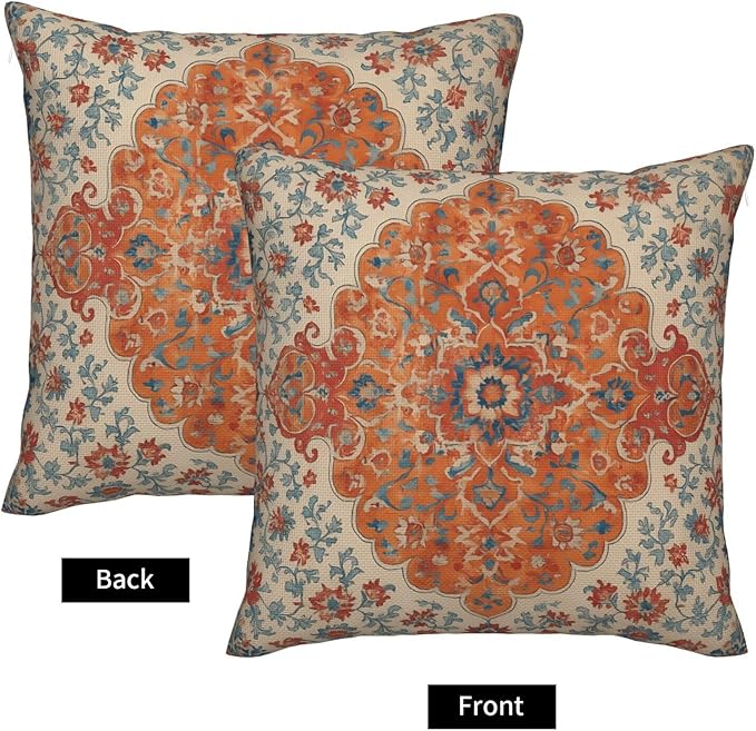 Burnt Orange Blue Boho Pillow Covers 18x18 Inch Set of 2, Vintage Ethnic Carpet Rust Floral Decorative Throw Pillow Cases Fall Outdoor Rustic Cushion Covers Home Decor for Living Room Sofa Couch Bed