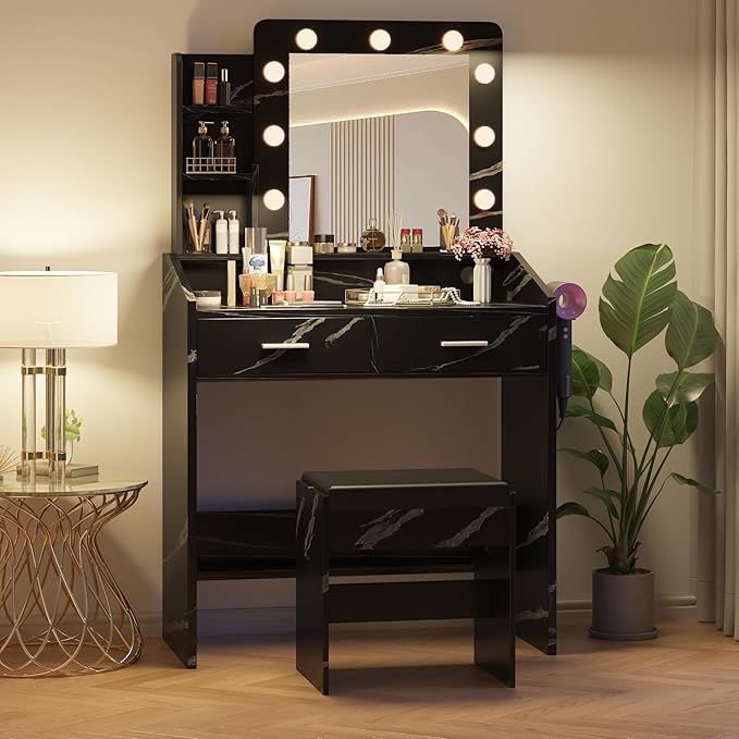 Vanity Desk with Mirror and Lights for Bedroom, Marble Black Modern Makeup Table with 2 Drawers, 3 Light Modes & Dimmable LED, Includes Stool
