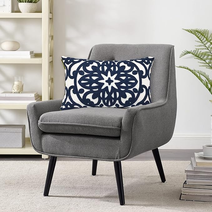 Alysheer Embroidered Lumbar Decorative Throw Pillow Cover 12"x 20", Classic Boho Mandala Embroidery Pattern Cotton Rectangular Cushion Case for Sofa Couch Living Room Bedroom(Navy Blue)