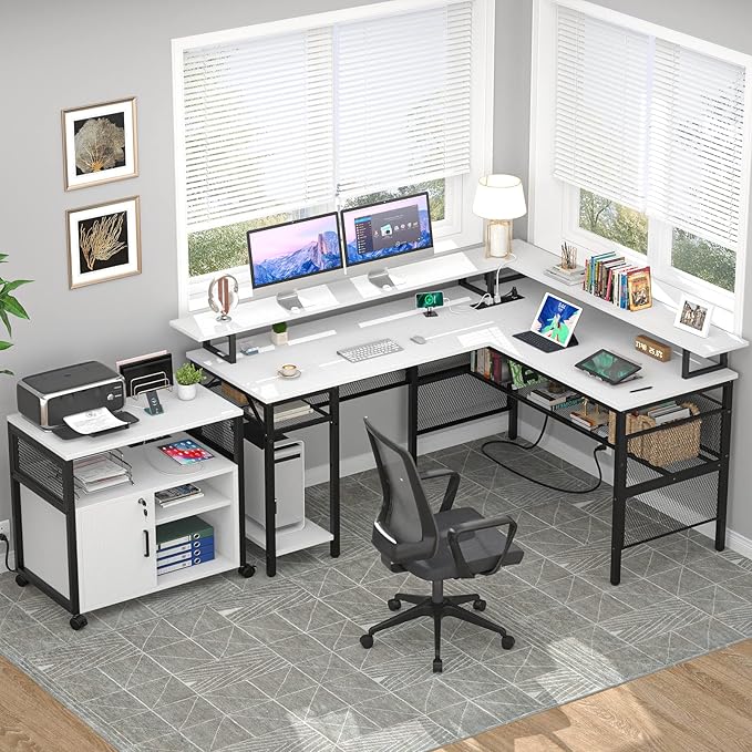 Unikito L-Shaped Desk with LED Strip and Power Outlets, Reversible Corner Computer Desk with Monitor Stand and Storage Shelf, Modern L-Shaped Gaming Table, Home Office Desk with USB Ports, White