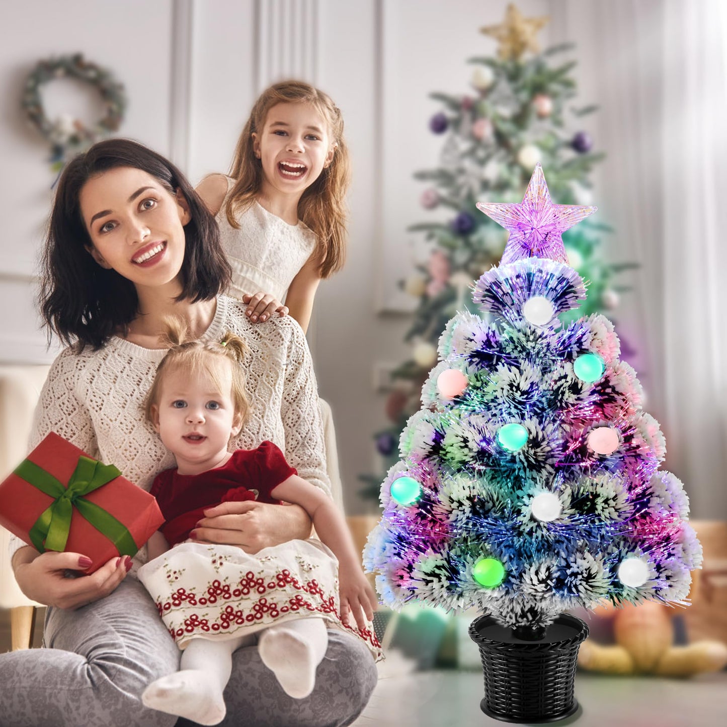 22inch Small Mini Fiber Optic Christmas Tree,Pre-lit Tabletop Artificial Xmas Trees with Balls,RGB Lights,Treetop, Battery/USB Powered White Tiny Fake Xmas Tree Decorations for Desktop,Holiday