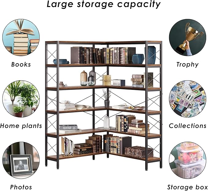 Corner Bookshelves and Bookcases Industrial Corner Etagere Bookcase L Shaped Shelf 6 Tiers with Metal Frame for Living Room Home Office
