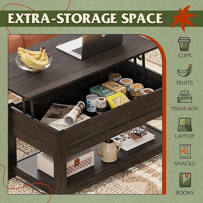 WLIVE Coffee Table, 39" Lift Top Coffee Table with Hidden Compartment and Storage Shelf for Living Room, Espresso