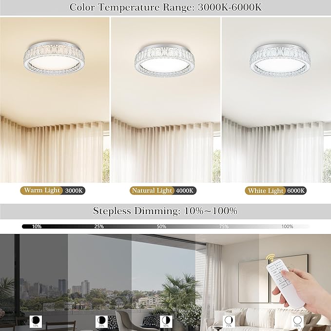 LamQee Crystal Flush Mount Ceiling Light Fixture, Dimmable LED Modern Close to Ceiling Light, Hallway Light Fixtures Round Ceiling Chandelier for Bedroom Kitchen Bathroom Closet Dining Room 17.72 inch