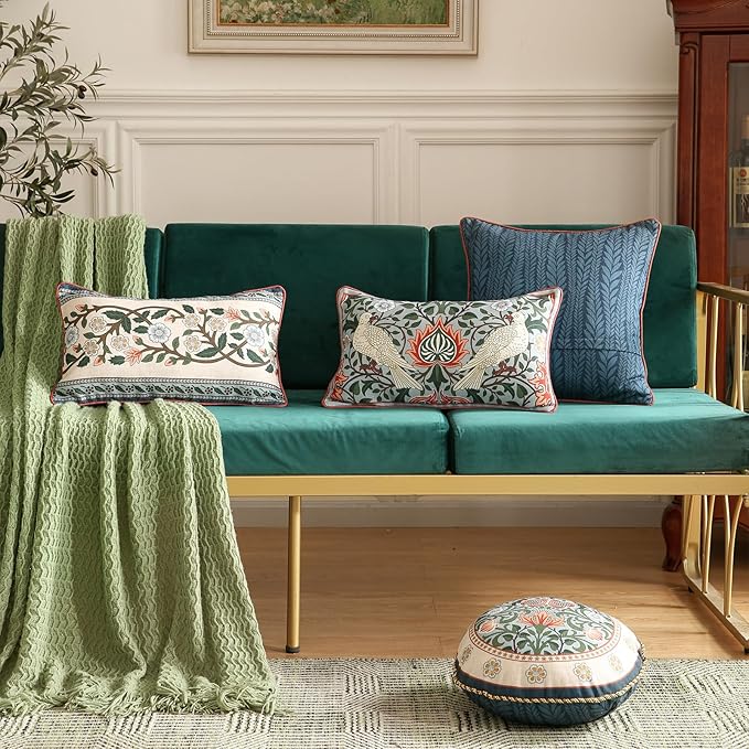 Design Lumbar Retro Elegant Linen Throw Pillow Covers 12"x20" Pack of 2, Blue Gray Floral Vine Pattern Cushion Covers Decor Rectangle Pillowcases for Bed,Living Room,Outdoor,Car