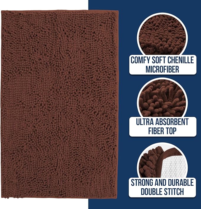 Muddy Mat Chenille Bathroom Rugs Quick Dry Microfiber Mats Non Slip Washable, Extra Thick, Soft and Highly Absorbent Bath Mats for Bathroom, Kitchen, and Shower Floor - Brown Medium 30"X19"