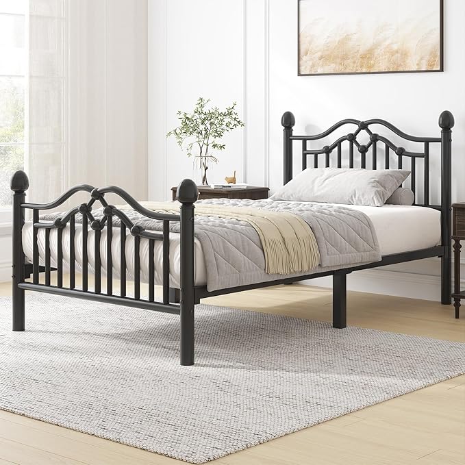 Twin Metal Platform Bed Frame for Kids, Bed Frame with Victorian Headboard and Footboard, Strong Metal Slats Support, No Box Spring Needed, Easy Assembly, Noise Free, Black
