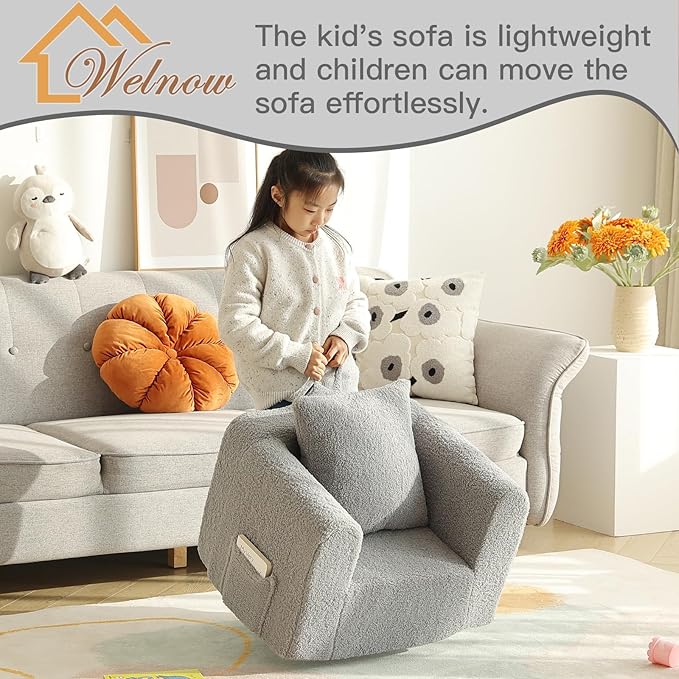 Welnow Kids Sofa with Pillow, Cozy Toddler Chair Soft Foam Seat for Reading, Children's Couch with Armrest Lightweight Comfy Kids Furniture for Bedroom, Playroom for Boys and Girls, Sherpa Grey