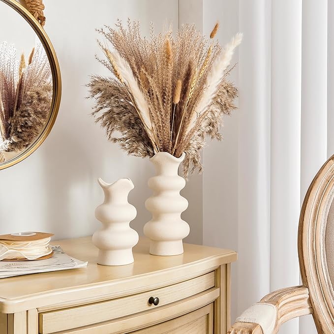 Modern Decorative White Ceramic Vases for Home Decor 8.3 Inch, Minimalist Boho Flower Aesthetic Cream Vases for Pampas Grass