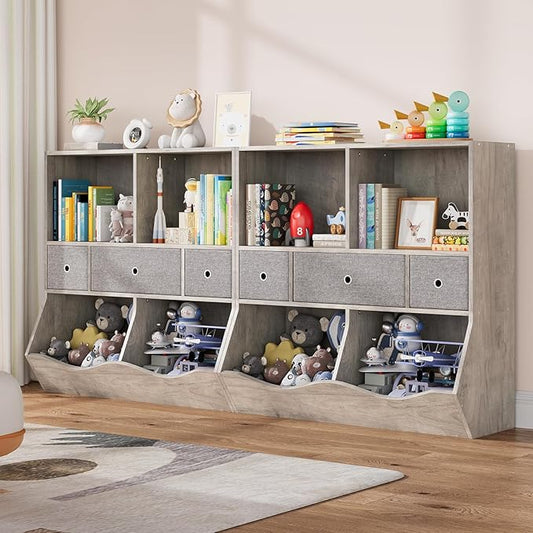 3-Tier Kids Bookshelf & Toy Storage Organizer - Wooden Bookcase with 3 Drawers, 4 Cubby Shelves, Anti-Tip Safety Design - Nursery, Playroom, Children's Room -2 Set Grey