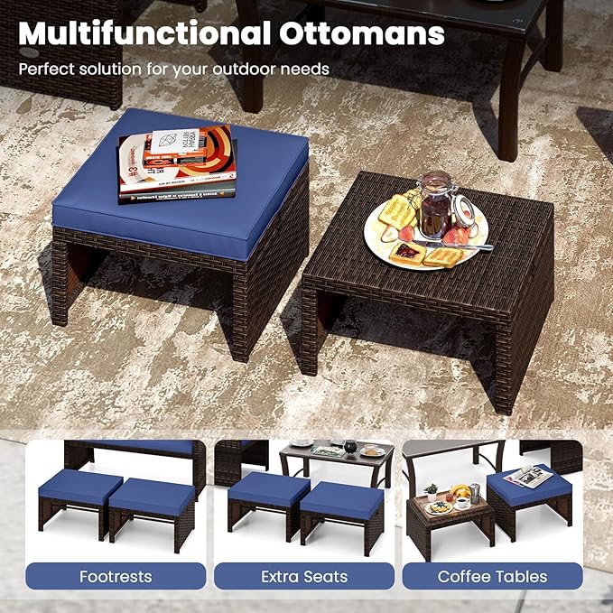Tangkula 6 Pieces Patio Furniture Set, Outdoor Sectional Conversation PE Rattan Sofa Set with 1 Loveseat, 1 Coffee Table, 2 Armchairs and 2 Ottomans for Garden, Deck, Backyard and Poolside (Navy)