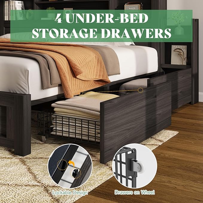 AMERLIFE Full Size Bed Frame with 4 Storage Drawers, LED Bed Frame with 49.6" Tall Bookcase Headboard, Wood Platform Bed with Charging Station & 2 Slide Bedside Shelf, No Box Spring Needed/Black