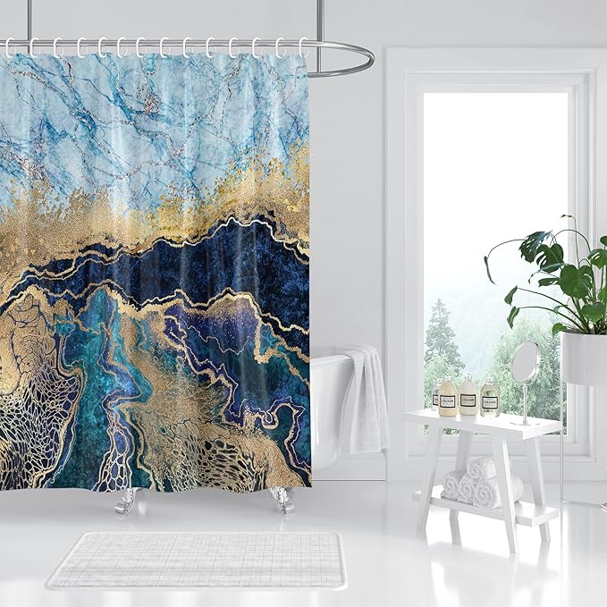 Marble Shower Curtain, Blue Marble Shower Curtain Set, Abstract Navy Blue Gold Glitter Veins Texture Marble Shower Curtains for Bathroom, Waterproof Fabric with 12 Hooks, 72 x 72 inches