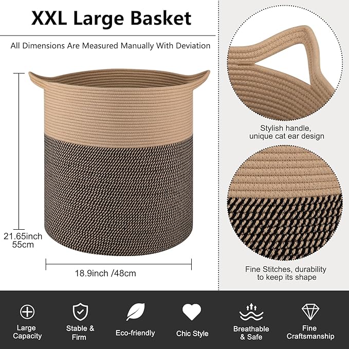 Laundry Basket, 100L Large Laundry Hamper, Tall Woven Rope Storage Basket for Blanket Toys Pillows Towels, Baby Nursery Hamper Bin for Living Room, Bedroom (Black & Yellow)