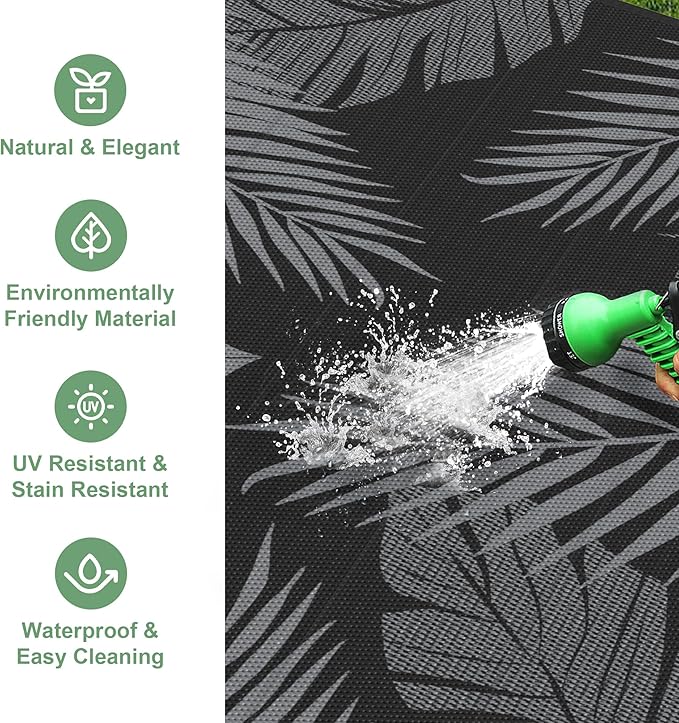 Outdoor Rug 8’x10’ Waterproof for Patio Clearance, Reversible Indoor Outdoor Plastic Straw Camping Rug Carpet, RV Mat, Large Area Rug for Deck, Backyard, Balcony, Porch, Beach, Black & Grey