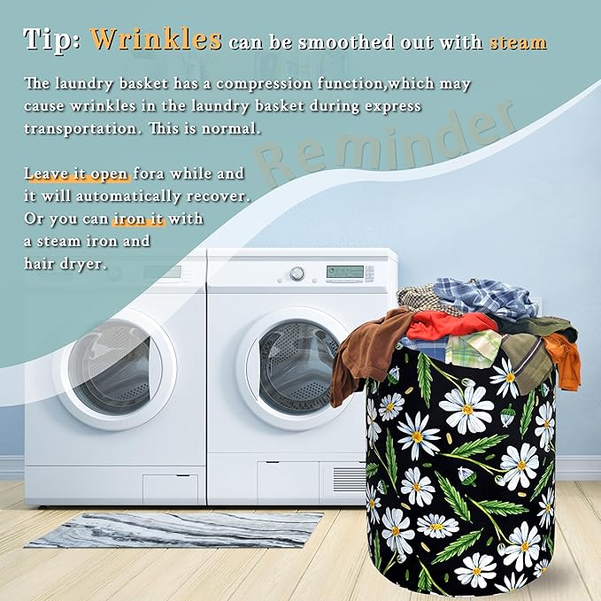 Cute Daisy Flowers Laundry Basket Foldable Oxford Cloth Floral Laundry Hamper With Handle Portable Clothes Storage Basket 18.9 X 16.5 Inch Storage Bag For Laundry Room/Bathroom/Bedroom