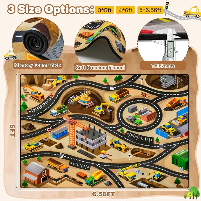 Kids 5' x 7' FT Construction Site Car Rug - Extra Thick (0.4in),Tufted Wool & Rubber, Non-Slip, Stain & Fade Resistant, Machine Washable, Rustic Cartoon Construction Site Pattern