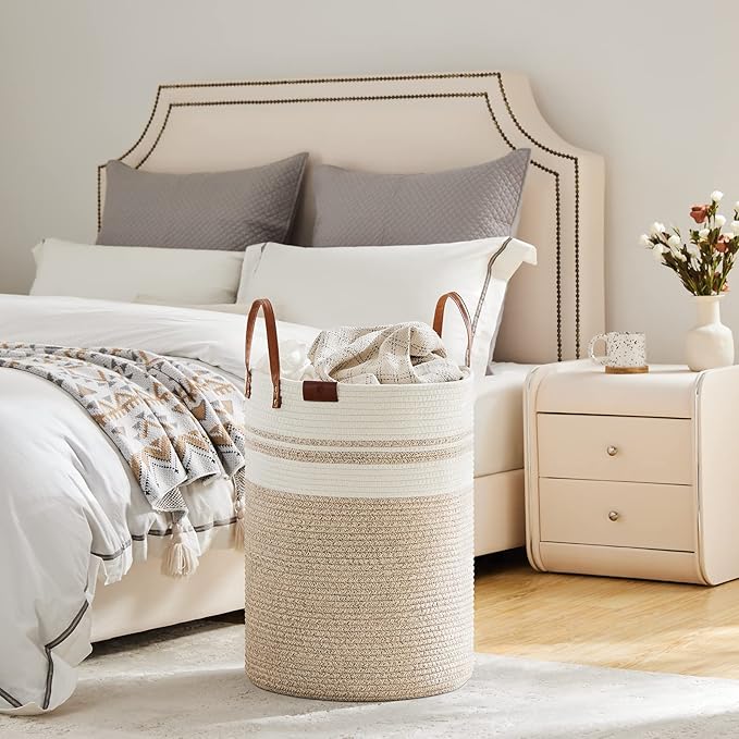 VIPOSCO Tall Laundry Basket, Large Dirty Clothes Hamper with Leather Handle, Woven Rope Storage Basket for Blanket, Toy In Living Room, Bathroom, Bedroom - 72L Brown & White