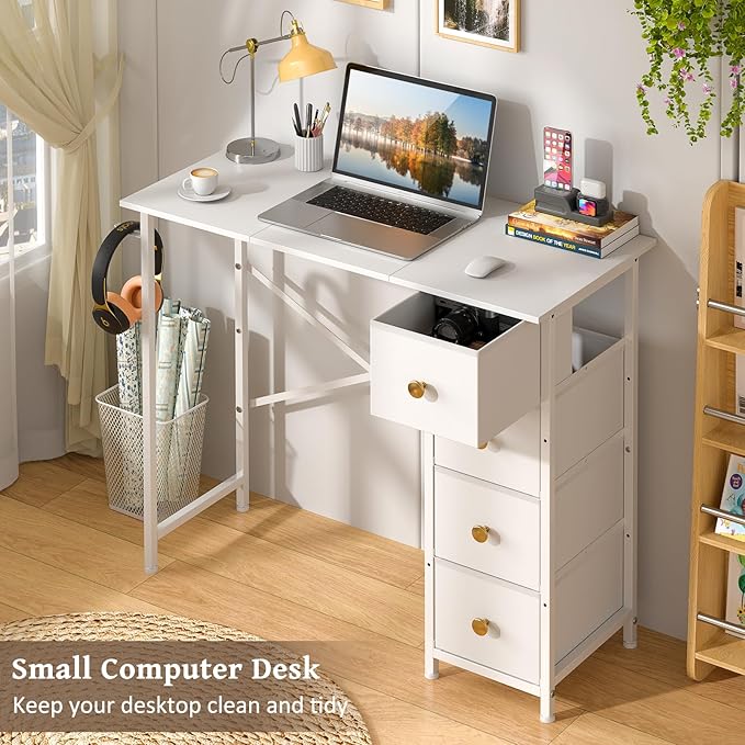 Vanity Desk No Mirror, Small Makeup Vanity with 4 Fabric Drawers, White Dressing Table for Small Spaces, 35.4 Inches Girls Makeup Table Bedroom