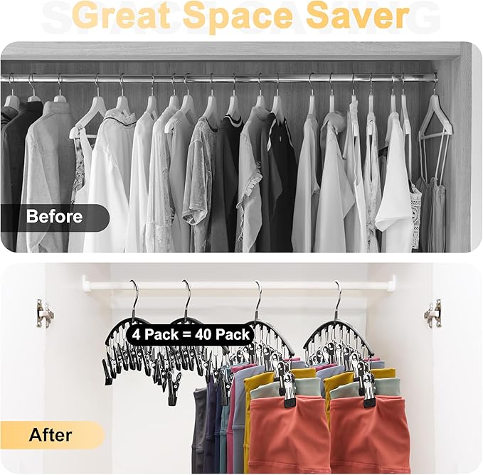 Legging Organizer for Closet, Metal Yoga Pants Hangers 4 Pack w/10 Clips Holds 40 Leggings, Space Saving Hanging Closet Organizer w/Rubber Coated Closet Organizers and Storage, Black