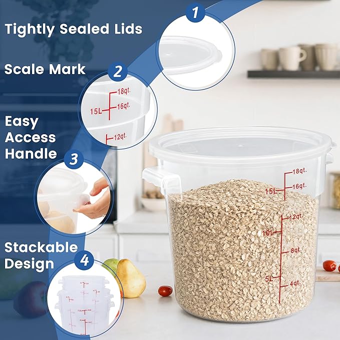 4 Pack 18QT Round Food Storage Containers with Lids, BPA-Free Polypropylene NSF Commercial Food Container, with Labels & Measuring Cup
