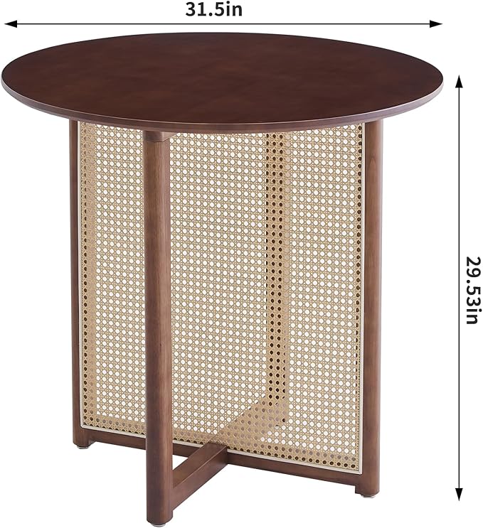 Small Round Coffee Table – 31.5" Solid Wood & Rattan Coffee Table, Modern Rustic Low Accent Table for Living Room, Boho Style, Walnut Height 29"