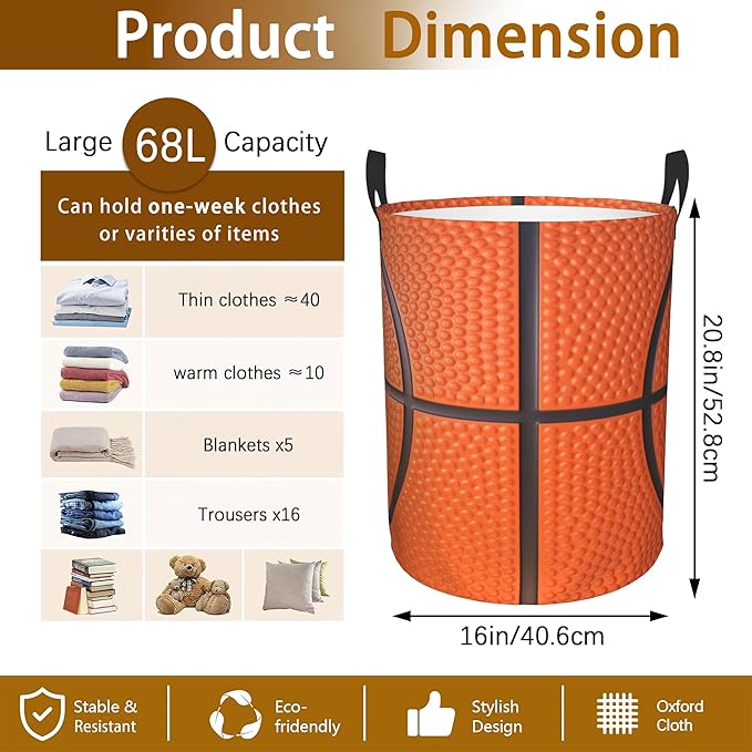 Basketball Texture Laundry Basket,Waterproof Laundry Hamper,Collapsible Organizer Basket for Storage Bin Toy Bins, Dirty Clothes Laundry Basket for Living Room/Bathroom/Bedroom